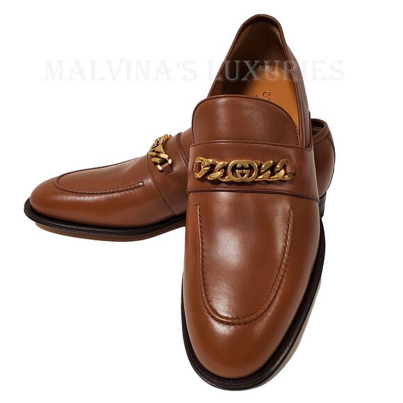 GUCCI SHOES MENS INTERLOCKING G LOGO CHAIN LEATHER LOAFERS sz 10.5 11 US - Picture 4 of 15